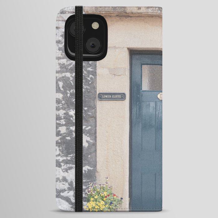 Retro teal door Lower cliff cottage art print - summer England travel photography iPhone Wallet Case