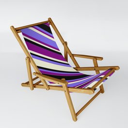 [ Thumbnail: Medium Slate Blue, Purple, Beige & Black Colored Lined Pattern Sling Chair ]