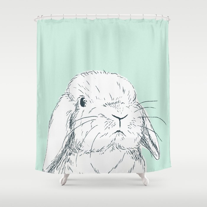 Curious Holland Lop Bunny - Light Blue Shower Curtain