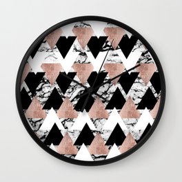 Modern Black White Rose Gold Triangles on Marble Wall Clock