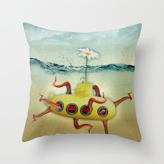 yellow submarine in an octapuses garden Throw Pillow