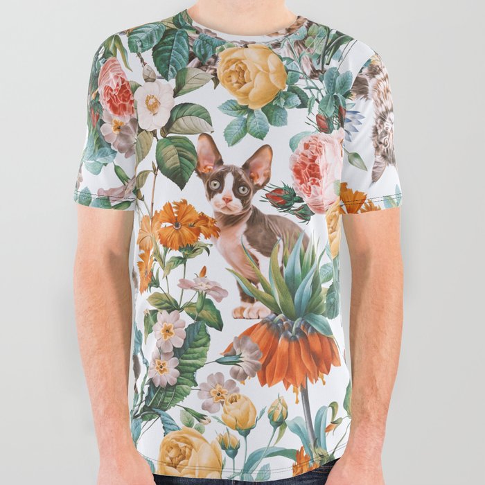 Cat and Floral Pattern III All Over Graphic Tee