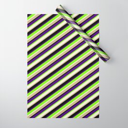 [ Thumbnail: Eyecatching Indigo, Green, Beige, Tan, and Black Colored Lined/Striped Pattern Wrapping Paper ]