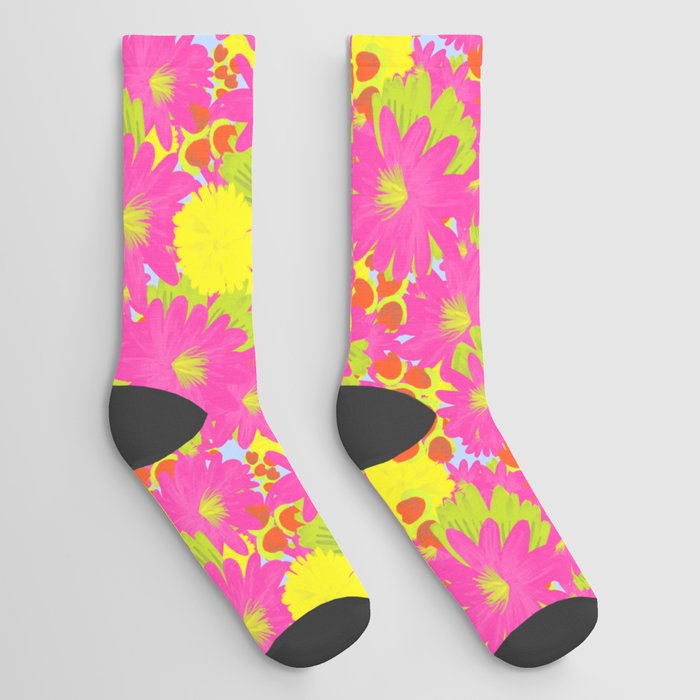 Retro Tropical Hot Pink Garden Flowers  Socks