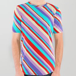 [ Thumbnail: Eyecatching Light Yellow, Plum, Slate Blue, Aqua & Red Colored Stripes/Lines Pattern All Over Graphic Tee ]