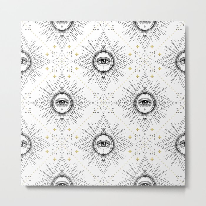 Sacred geometry seamless pattern with all seeing eye over white. Metal Print