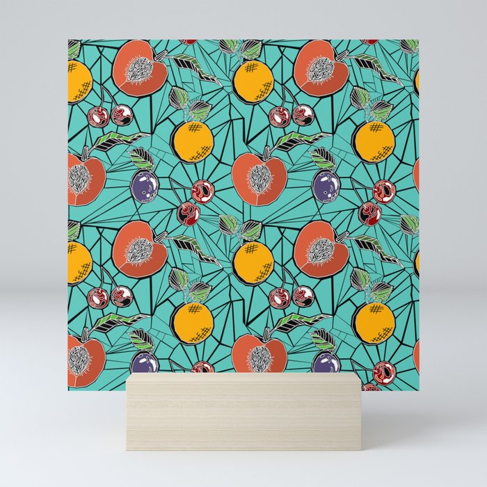 Geometric Stone Fruits on Turquoise pattern Mini Art Print