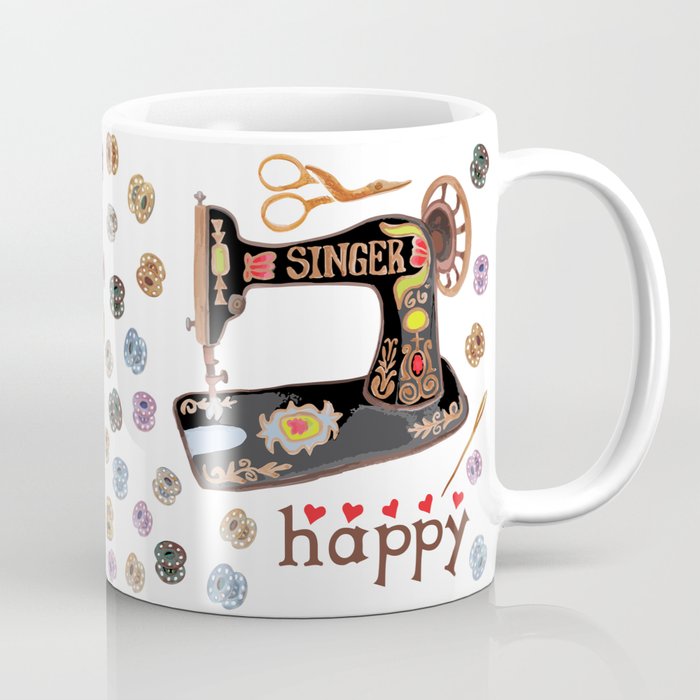 Sew Happy Vintage Singer Machine and Bobbins Coffee Mug