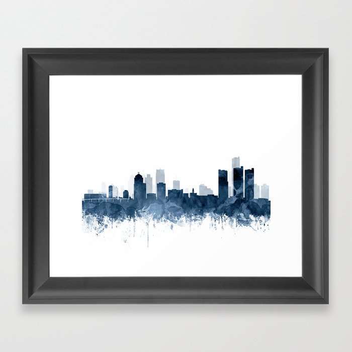 Detroit Skyline Watercolo Navy Blue by Zouzounio Art Framed Art Print