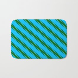 [ Thumbnail: Deep Sky Blue & Dark Green Colored Stripes/Lines Pattern Bath Mat ]