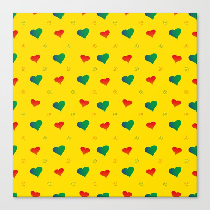 Red and green plush hearts on a light green background. For Valentine's Day. Vector drawing for February 14th. SEAMLESS PATTERN WITH HEARTS. For wallpaper, background, postcards. Canvas Print