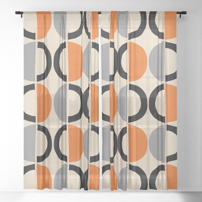 Mid Century Decor 548 Beige Black Gray and Orange Sheer Curtain