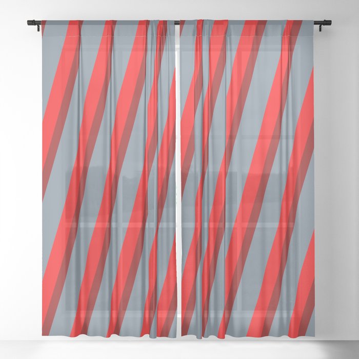 Red, Dark Red & Slate Gray Colored Lines/Stripes Pattern Sheer Curtain