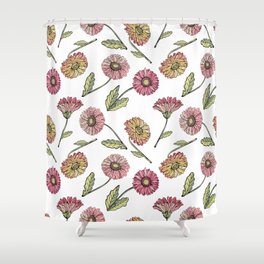 Vintage seamless pattern gerbera Daisy. Background of bright, pink, orange, red flowers, realistic hand drawing. Botanical illustration. Retro style.  Shower Curtain