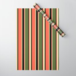 [ Thumbnail: Dark Olive Green, Tan, Red, and Black Colored Striped Pattern Wrapping Paper ]
