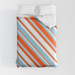[ Thumbnail: Sky Blue, Red & White Colored Stripes/Lines Pattern Comforter ]