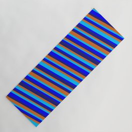 [ Thumbnail: Midnight Blue, Chocolate, Deep Sky Blue & Blue Colored Striped/Lined Pattern Yoga Mat ]