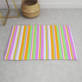 [ Thumbnail: Light Green, Orange, Lavender, and Violet Colored Striped/Lined Pattern Rug ]