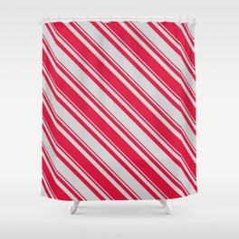 [ Thumbnail: Light Grey and Crimson Colored Lines/Stripes Pattern Shower Curtain ]