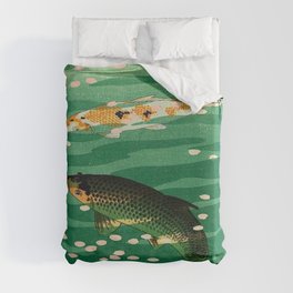 Vintage Japanese Woodblock Print Asian Art Koi Pond Fish Turquoise Green Water Cherry Blossom Duvet Cover