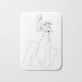 Minimal Line Art Woman with Flowers Badematte