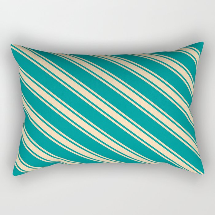 Dark Cyan and Tan Colored Striped Pattern Rectangular Pillow