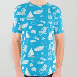 Turquoise And White Summer Beach Elements Pattern All Over Graphic Tee