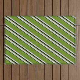 [ Thumbnail: Green, Light Grey, and Black Colored Pattern of Stripes Outdoor Rug ]