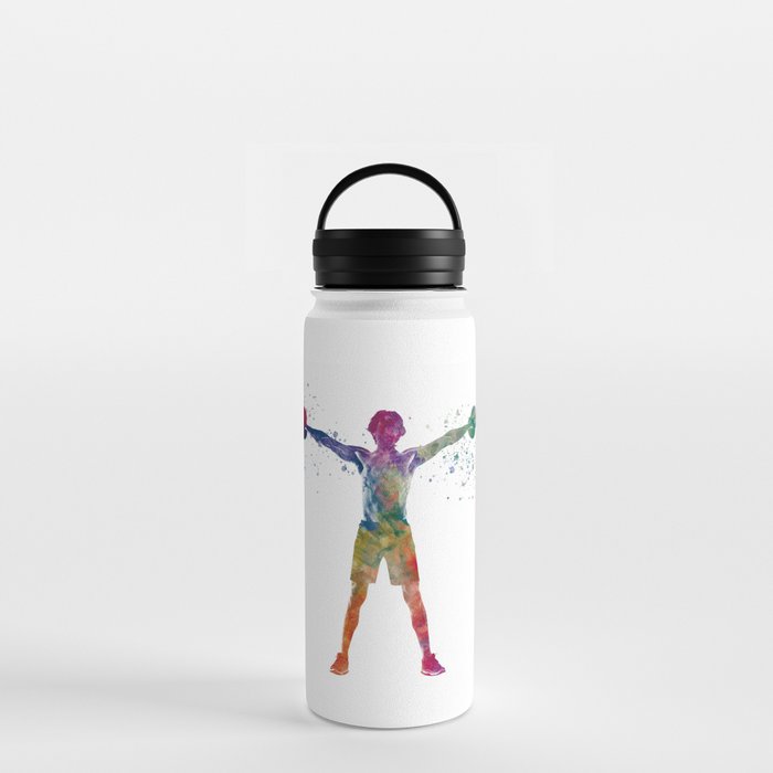 Young man exercising fitness in watercolor Water Bottle