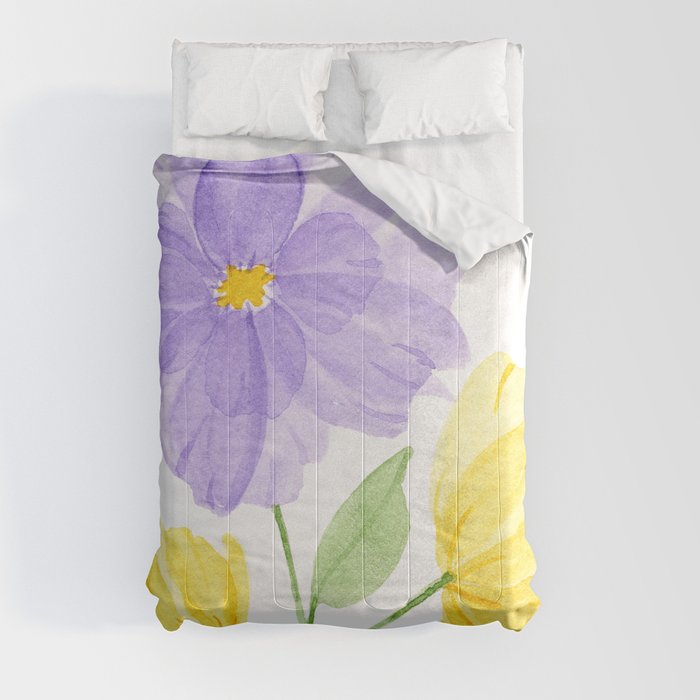 Overlapping Purple and Yellow Flowers Comforter