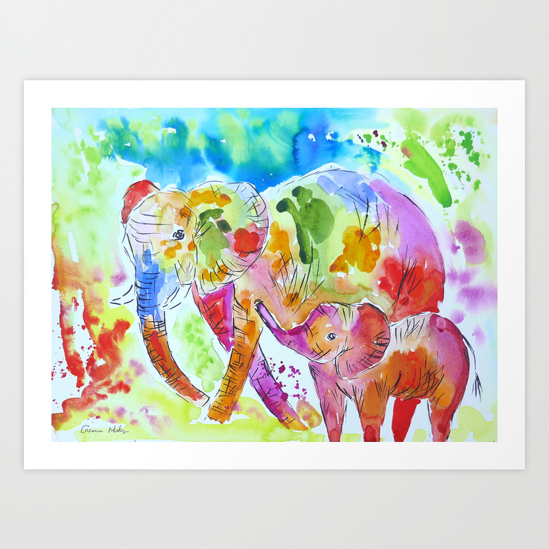 Colourful Mother And Baby Elephant Art Print By Casimirasquirkyart