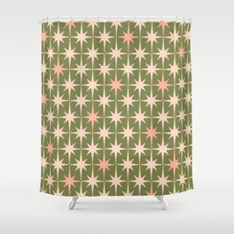 Midcentury Modern Atomic Starburst Pattern in Retro Olive Green and Vintage Blush Pink Shower Curtain