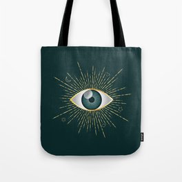Gold and Teal Green Evil Eye on Dark Teal Background Tote Bag