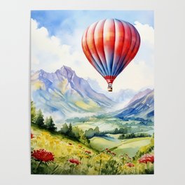 Hot Air Balloon Flying over Mountains - Watercolor Landscape Poster