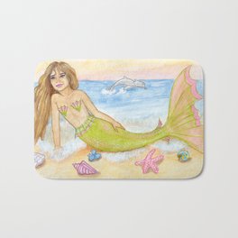 Seasprite Mermaid Bath Mat | Realism, Watercolor, Mermaid, Nursery, Ink, Child, Painting, Illustration, Girlsroom 