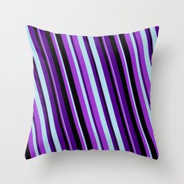 [ Thumbnail: Indigo, Light Blue, Dark Orchid & Black Colored Striped Pattern Throw Pillow ]