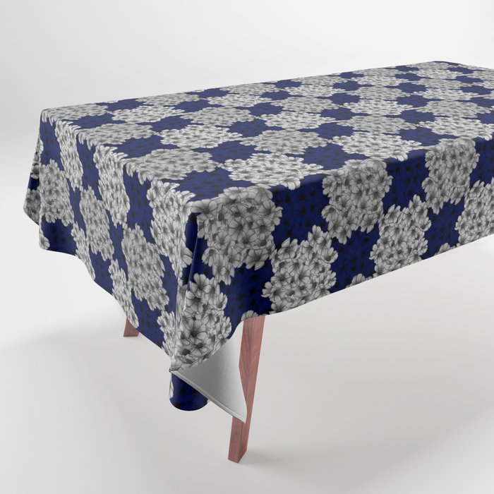 Floral Checkerboard in Blue and White Tablecloth