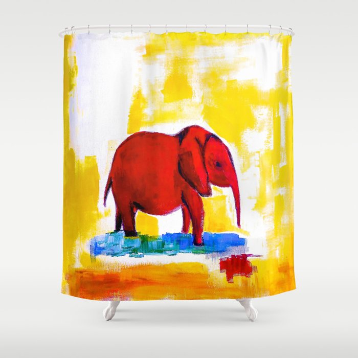 Unique Red Elephant Still Life Painting on Canvas Shower Curtain