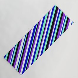 [ Thumbnail: Vibrant Blue, Aquamarine, Black, Purple, and Mint Cream Colored Lined Pattern Yoga Mat ]