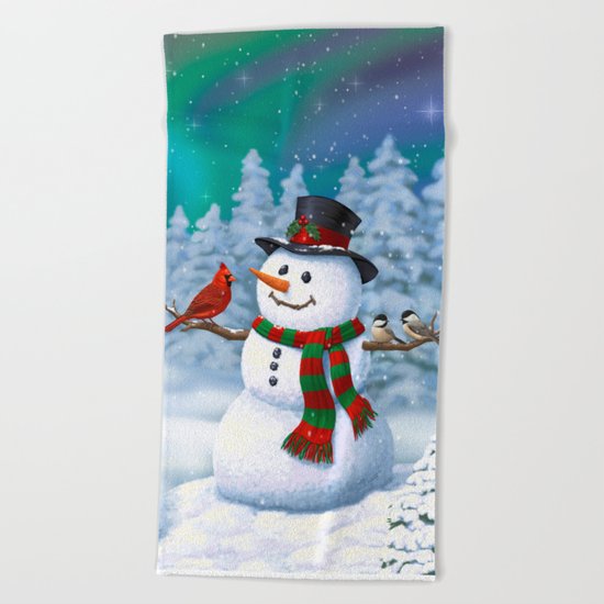 Cute Happy Christmas Snowman with Birds Beach Towel