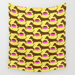 Dachshunds in pink and yellow Wall Tapestry