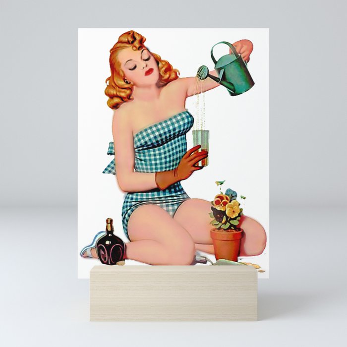 Red Sexy Pinup With Watering Can For Garden Mini Art Print