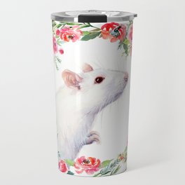 White Rat with Flowers Watercolor Floral Pattern Animal Travel Mug