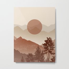 Terracotta Orange Mountain 3 Metal Print | Digital, Terracottamountain, Pinetrees, Orangeandbeige, Landscape, Bohomountain, Pineforest, Mountain, Sunrise, Mountainsunset 