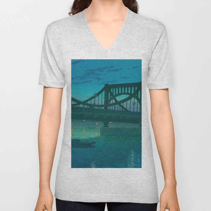 Kiyosu Bridge by Kawase Hasui V Neck T Shirt
