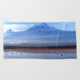 Beautiful View Of Mt. Kilimanjaro with Pink Flamingos In the Lake Beach Towel