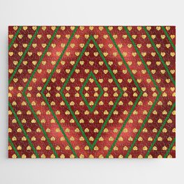 Gold Hearts on a Red Shiny Background with Green Diamond Lines Jigsaw Puzzle