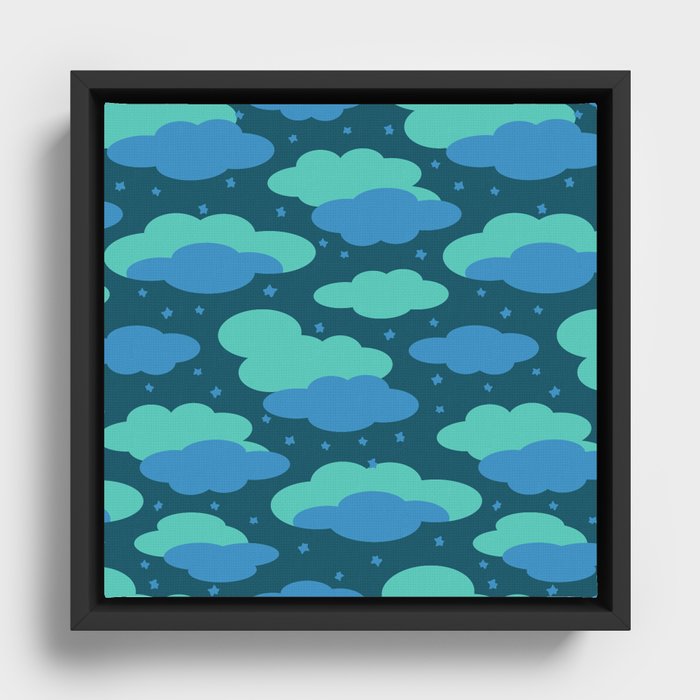NIGHT DREAMS FLUFFY BLUE AND TURQUOISE CLOUDS IN A NAVY SKY WITH STARS Framed Canvas
