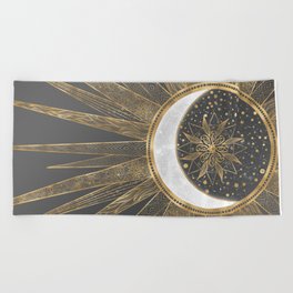 Elegant Gold Doodles Sun Moon Mandala Design Beach Towel
