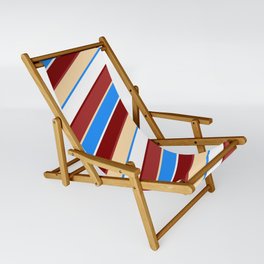 [ Thumbnail: Maroon, Brown, Tan, Blue & White Colored Striped Pattern Sling Chair ]